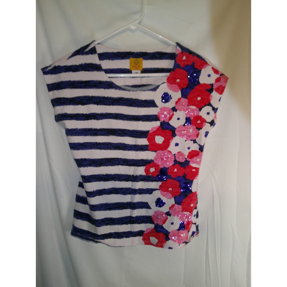 Ruby Rd Petite Top PM Blue White Striped‎ Floral Sequin Embellished